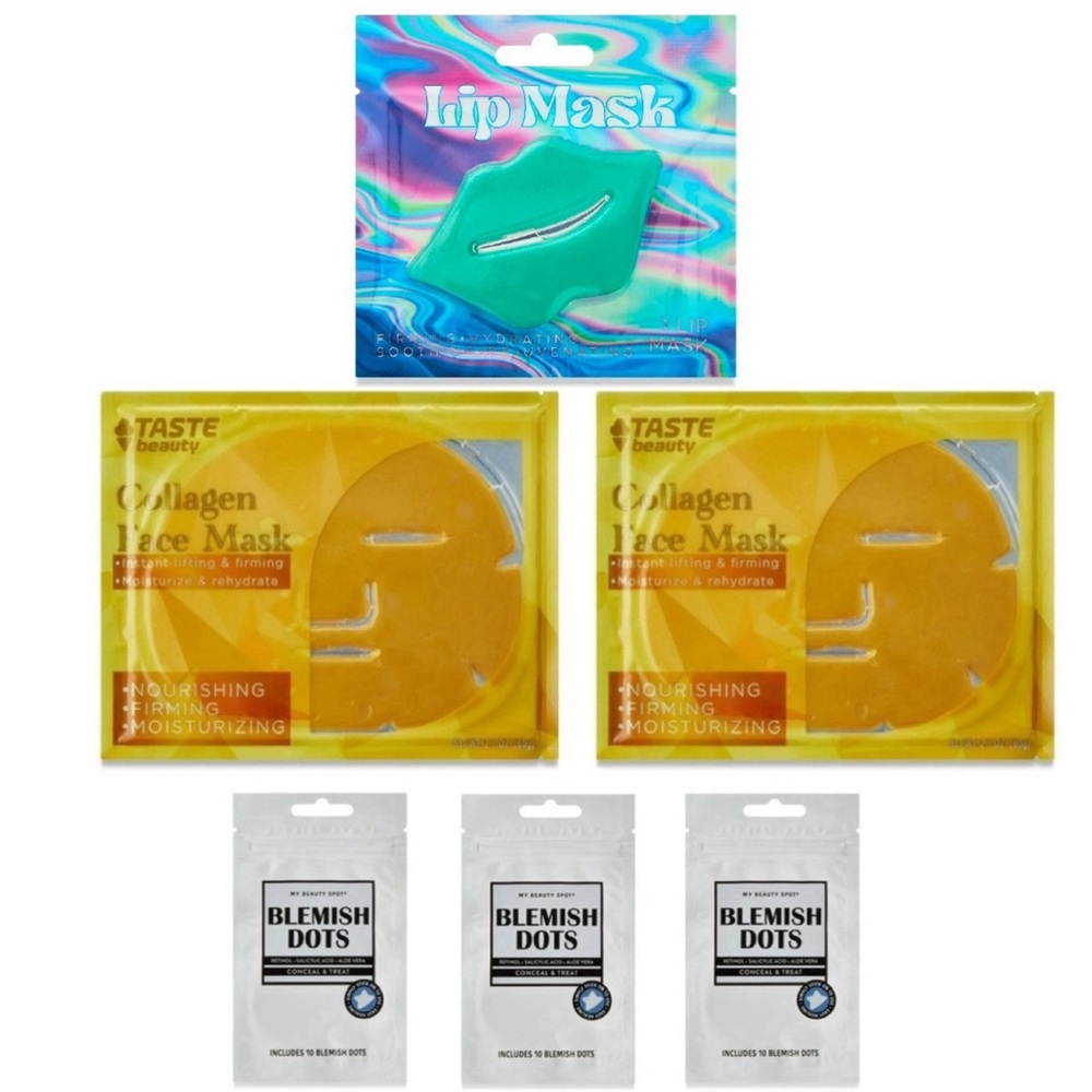 Taste Beauty Lip Mask, 2-Collagen Face Mask, 3-MY BEAUTY SPOT? 30 BLEMISH DOTS
